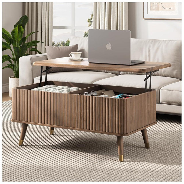 JOINICE,Lift Top Coffee Table with Storage,Mid Century Modern Coffee Table,Fluted Wood Rectangle Center Table for Living Room,Home Office,Walnut