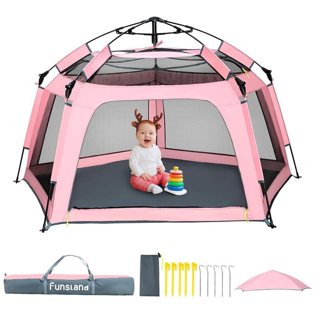 Funsland Baby Playpen Pop-up Tent - Outdoor & Indoor Play Tent for Beach with Canopy Travel Bag Portable Play Yard for Babies & Toddlers (Pink)