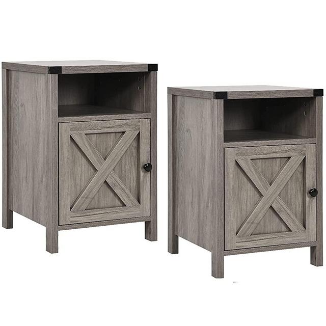 Farmhouse Nightstand Set of 2 with Storage Space, Industrial End Table Set for Bedroom, Rustic Night Stand, Living Room Modern Accent Table, Wood Bed Side Table with Shelf and Barn Door, Set of 2