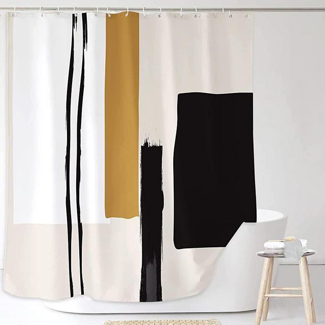 Yookeb Abstract Geometric Neutral Bathroom Shower Curtain Black Painting Minimalist Modern Tan 60W by 71H Inch Polyester Fabric 12 Plastic Hooks Waterproof Decor