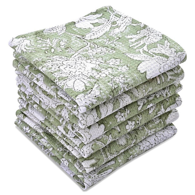 CPC Olive Green Hand Block Printed Cotton Waffle Dish Cloth Set of 6-12x12 Inch Super Absorbent, Soft, Reusable Kitchen Towels for Dish Drying & Cleaning, Ideal for Thanksgiving, Christmas, Fall