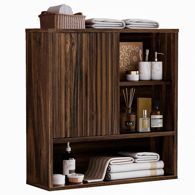 FerniTry Farmhouse Bathroom Wall Cabinet Fluted,Medicine Cabinet Over The Toilet Storage Cabinet with Adjustable Shelf, Wood Wall Mounted Storage Cabinet Organizer 23.2Wx24Hx7.6D (Dark Walnut, Medium)