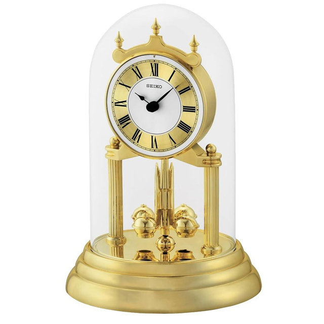 SEIKO 9 Inch Anniversary Mantel Clock with Glass Dome & Rotating Pendulum