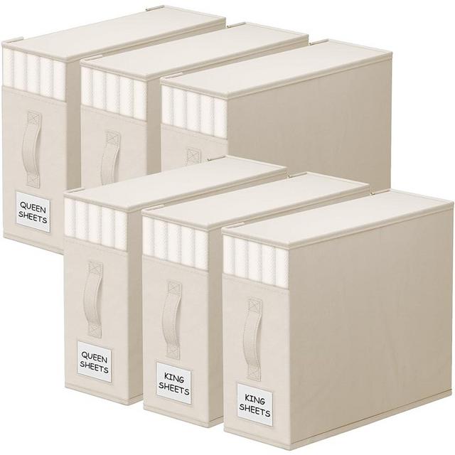 StorageTastic 6 Pack Bed Sheet Closet Organizers and Storage,Sturdy Foldable Storage Containers with Window and Label,Storage and Organization for Bedding Sheets,Duvet Covers,Blankets (Beige)