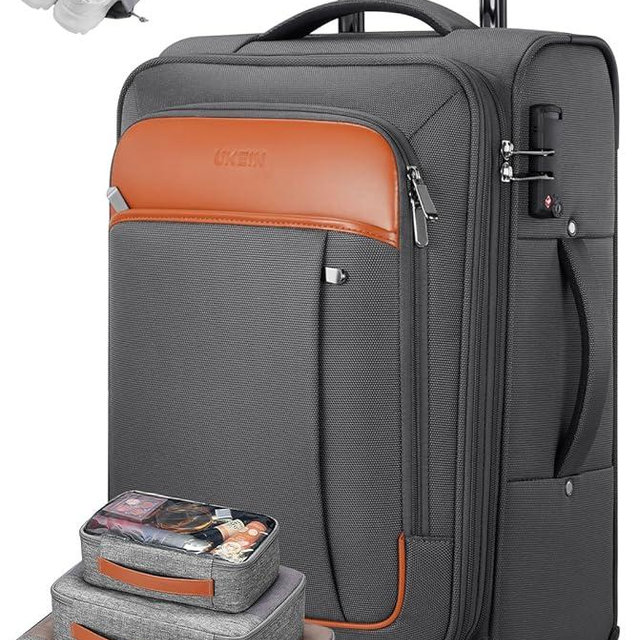 UKEIN Expandable Carry On Luggage 22x14x9 Airline Approved, 20Inch Softside Carry On Suitcase with Wheels & TSA Lock, Travel Suitcase with 4-Piece Packing Bags for Women Men (Grey, Carry on （20in）)