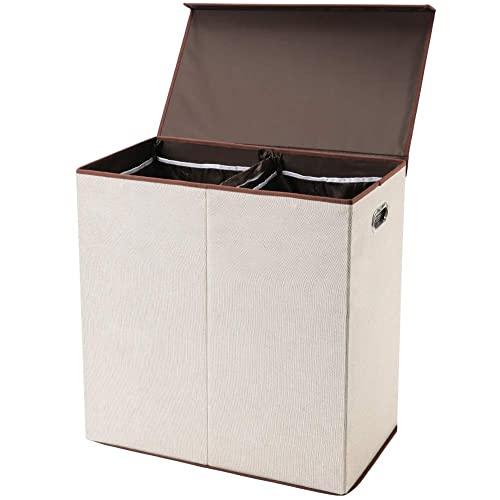 SUPERJARE Double Laundry Hamper/Sorter with Removable Liners & Magnetic Lid, Collapsible Clothes Basket, Built-in Handles for Easy Carrying, 2 Dividers, Linen Cream