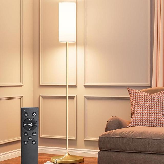 luckystyle LED Floor Lamp for Living Room, Dimmable Standing Lamps with Foot Switch,Remote Custom Color Temperature Gold Pole Lamp with Lampshade,12W Led Bulb Tall Lamps for Bedroom Office Kid Room