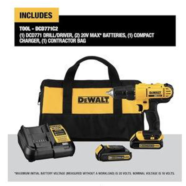 DEWALT 20V Max Cordless Drill/Driver Kit, 2 Batteries and Charger Included (DCD771C2)