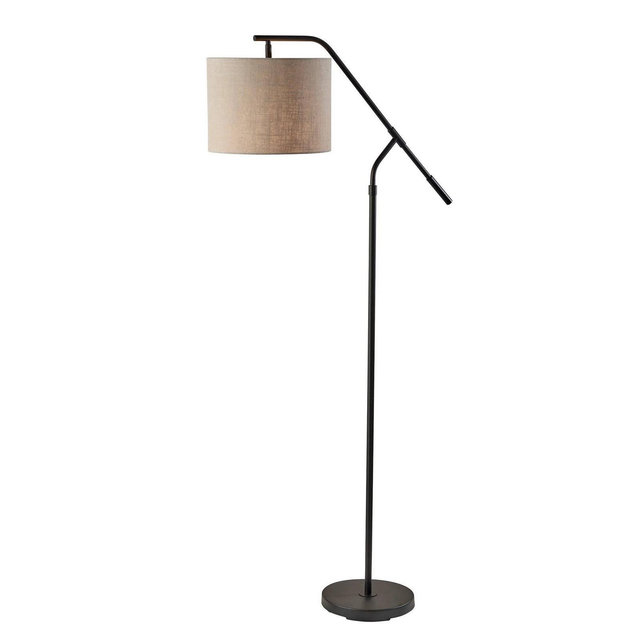 Adesso Milo Floor Lamp Black: Modern Arched Design with Linen Shade, UL Listed, Rotary Dimmer Switch