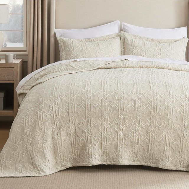 Bedsure Cotton Linen Queen Quilt Bedding Set - Lightweight Linen Comforter for Summer, Reversible Cotton Bedspread with 2 Pillow Shams (Beige, 90"x96")