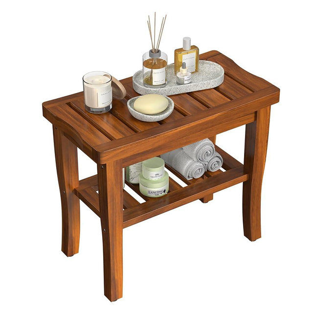 Greenual Teak Wood Shower Bench Stool with Storage Shelf, Wooden Waterproof Bathroom Spa Bathing Teak Shower Stool with Non-Slip Feet Gadget 2024 for Indoor or Outdoor Shower Chair Seat Organizer