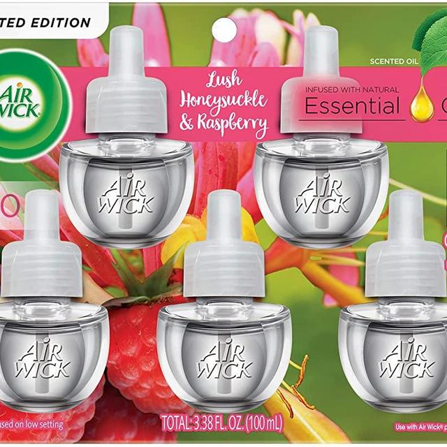 Air Wick Plug in Scented Oil, 5 Refills, Lush Honeysuckle & Raspberry, Air Freshener, Essential Oils, Packaging May Vary
