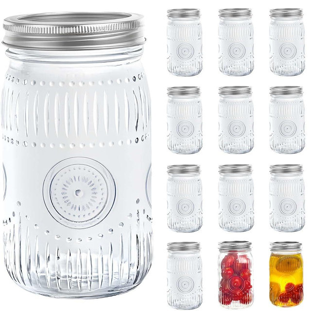 Amzcku 32oz Vintage Mason Jars with Lids, Wide Mouth Quart Canning Jar 12 Pack