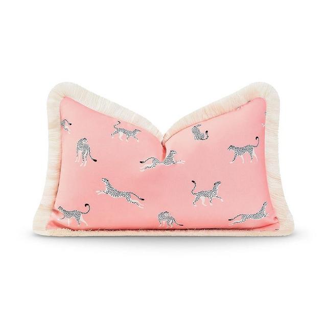 Hofdeco Premium Tropical Patio Indoor Outdoor Lumbar Pillow Cover Only, 12"x20" Water Resistant for Backyard, Couch, Pink Leopard Fringe