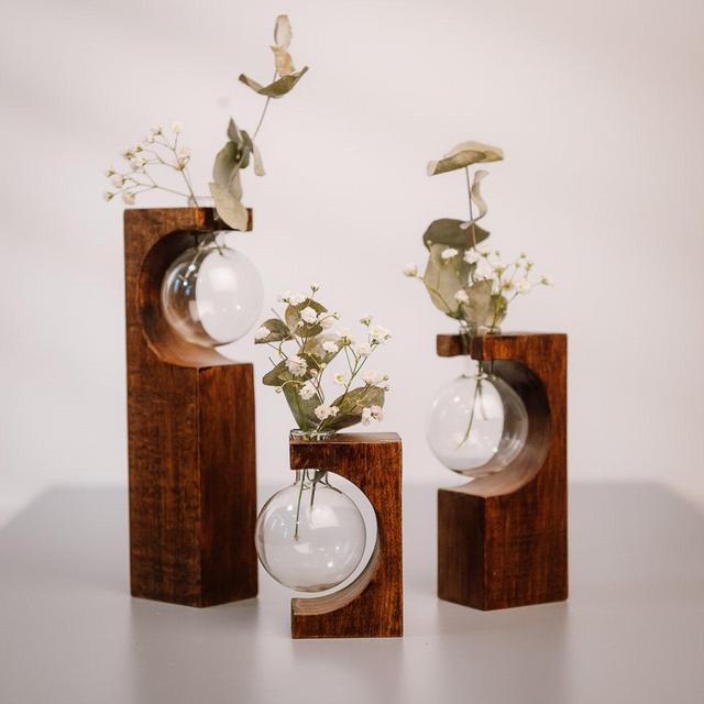 Test tube vase Wooden stand Easter decoration Gift idea in nut wood color