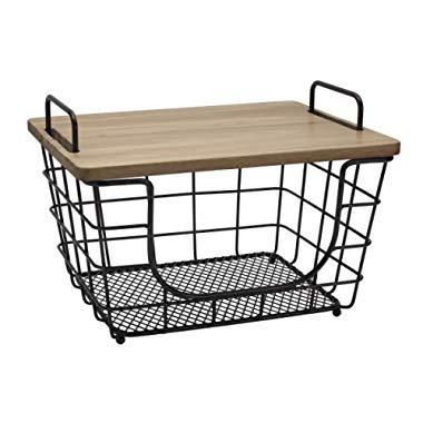Gourmet Basics by Mikasa 5219530 Madam Metal Stacking/Nesting Rectangular Basket with Acacia Lid, Antique Black