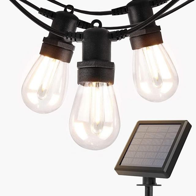 addlon 27FT Solar String Lights Outdoor, Commercial Grade LED Solar Café Patio Lights, Porch Market Light, Waterproof and Shatterproof, Vintage Edison Bulbs, Create Ambience On Garden, Warm Yellow
