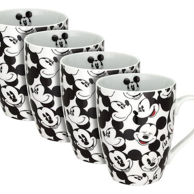 Disney Mickey All Over Coffee Mugs by Zrike Brands- Porcelain All Over Cups- Dishwasher & Microwave Safe Cute Milk/Tea Mug With Handle, Set of 4
