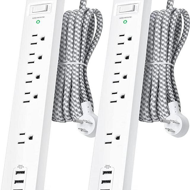 2 Pack Power Strip Surge Protector - 5 Widely Spaced Outlets 3 USB Charging Ports, 1875W/15A with 5Ft Braided Extension Cord, Flat Plug, Overload Surge Protection, Wall Mount for Home Office,White