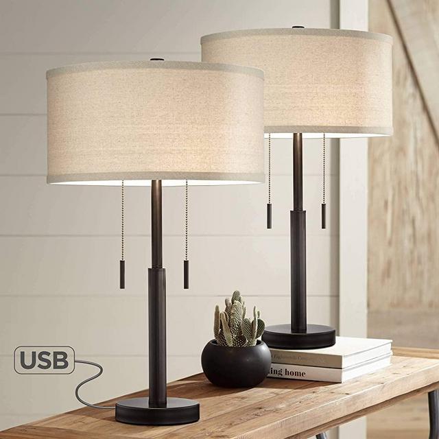 Bernie Industrial Table Lamps Set of 2 with Hotel Style USB Charging Port Rich Bronze Drum Shade for Living Room Family Bedroom - Franklin Iron Works