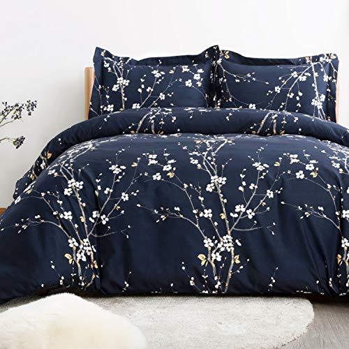 Bedsure Spring Bloom Pattern Bedding Set Full/Queen (90x90 inches) Duvet Cover Set Navy Printed Modern Comforter Cover-3 Pieces-Ultra Soft Hypoallergenic Microfiber
