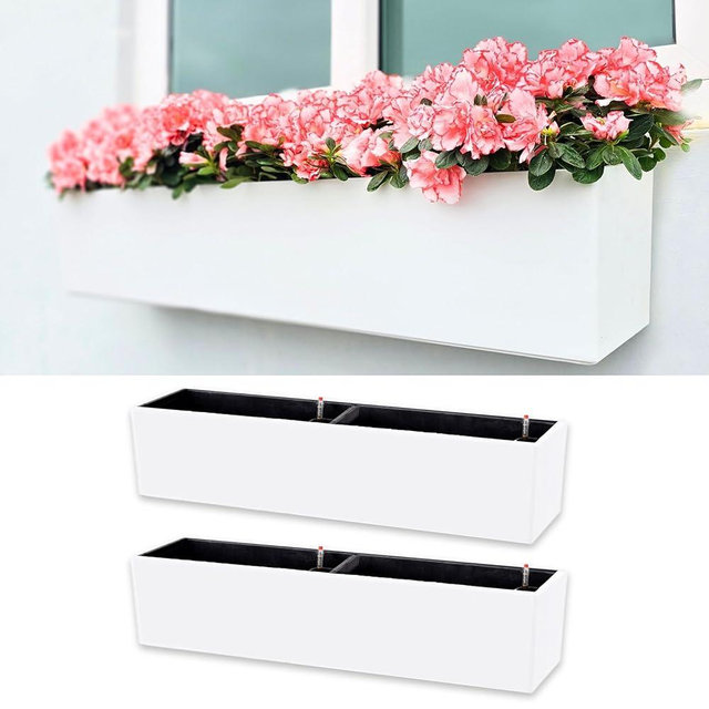 LaLaGreen Hanging Planter Boxes Outdoor (40 Inch, 2 Pack) Extra Large Window Flower Box with Bracket, White Rectangular Self Watering System Vertical Plant Container Wall Mount Indoor Succulents Herbs