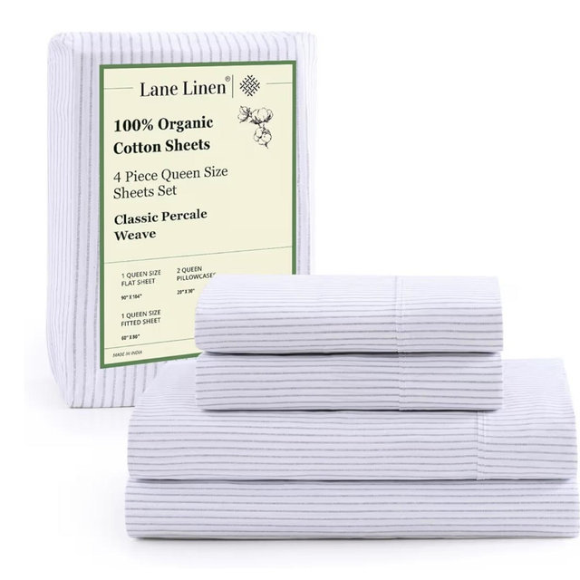 LANE LINEN 100% Organic Cotton Sheet Sets Queen Size, 4Pc Queen Size Cotton Sheets, Hotel Style Sheets, Bedding Sheets & Pillowcases, Queen Sheet Sets Deep Pockets Fits Upto 15" - Blue Ticking Stripe