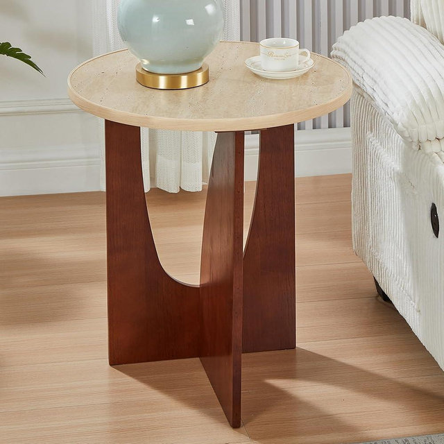 Round Side Table,Travertine Texture Side Table, – 21.2” Stone End Table Modern Accent Nightstand with Solid Wood Leg for Living Room, Bedroom, Corners, and Office