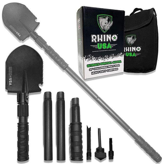 Rhino USA Survival Shovel w/Pick - Heavy Duty Carbon Steel Military Style Entrenching Tool for Off Road, Camping, Gardening, Beach, Digging Dirt, Sand, Mud & Snow. (Survival Shovel)