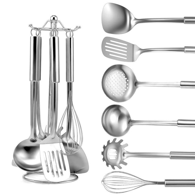 Gymdin Stainless Steel Kitchen Cooking Utensils Set of 7 - Kitchen Utensils with Hanging Rack, Spatula, Slotted Turner, Soup Ladle, Slotted Spoon, Whisk, Pasta Server, Holder, Dishwasher Safe