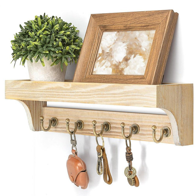 Rebee Vision Farmhouse Pine Wood Key Holder Wall Mount for Room Decor - Rustic Key Holder for Wall with Shelf for Small Plant and Cute Things - Ideal Entryway Organizer in House (Natural Wood)