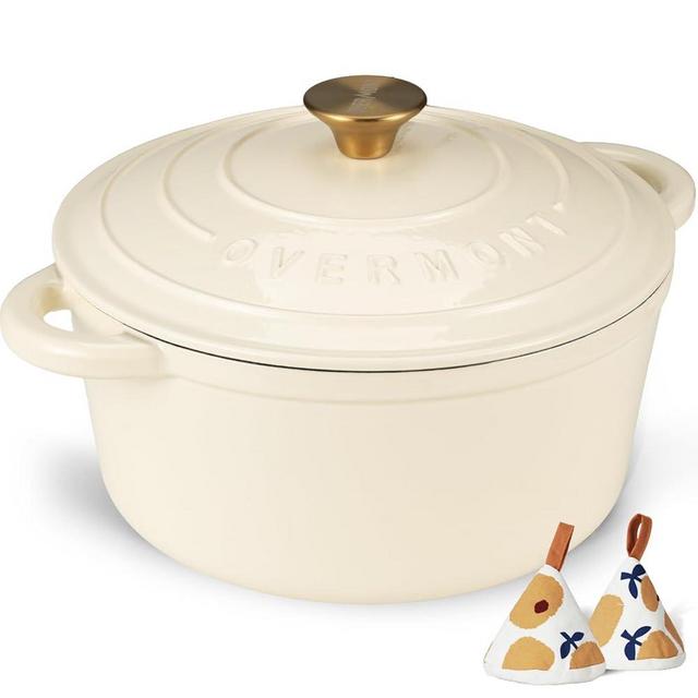 Overmont Enameled Cast Iron Dutch Oven - 7QT Pot with Lid Cookbook & Cotton Potholders - Heavy-Duty Cookware for Braising, Stews, Roasting, Bread Baking white