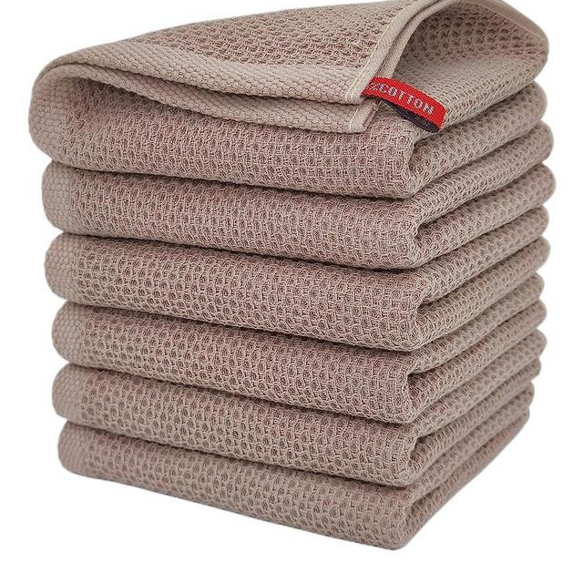 ANEWAY Kitchen Towels 100% Cotton Waffle Weave Dish Towel for Cleaning Drying Dishes Extra Absorbent and Soft, Dish Cloth,13 x 28 in (Brown-6 Pack)