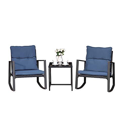 COSIEST 3 Piece Bistro Set Patio Rocking Chairs Outdoor Furniture w Blue Cushions, Glass-Top Table for Garden, Pool, Backyard