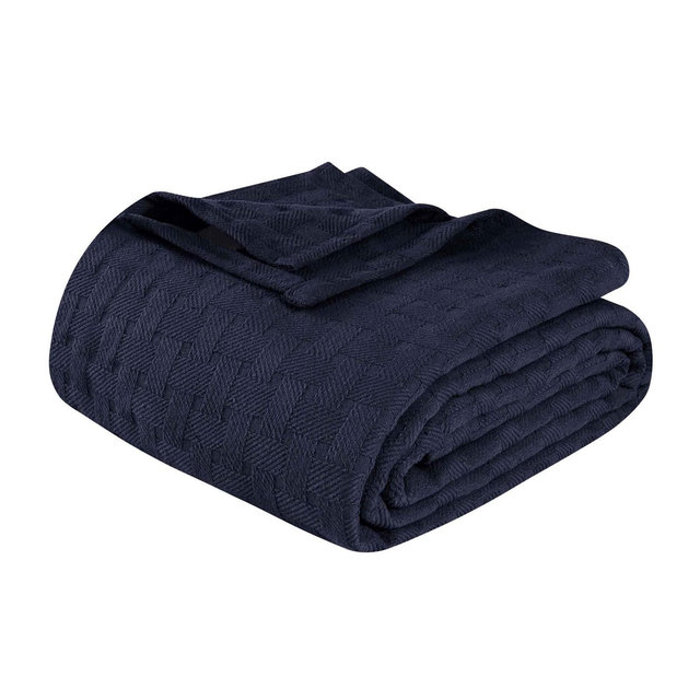 Basketweave Cotton Blanket, King, Navy Blue - Blue Nile Mills
