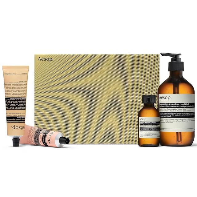 Aesop Majestic Gift Kit - Resurrection Aromatique Hand Wash (16.9 Fl Oz) + Hand Balm (2.5 Fl Oz) + Rejuvenate Body Balm (3.3 Fl Oz) & Geranium Leaf Body Cleanser (3.3 Fl Oz) | Paraben & Cruelty Free