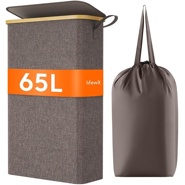 Lifewit 65L Slim Laundry Hamper with Lid, Narrow Laundry Basket with Removable Bag & Bamboo Handles, Fodable Thin Dirty Clothes Hamper for Laundry Collapsible Bin for Bathroom Bedroom Dorm, Brown