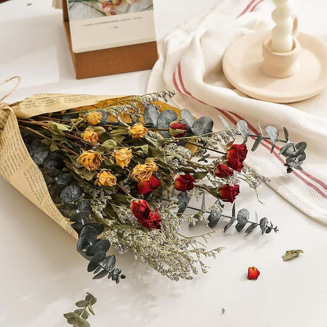 TEWEIQI Dried Rose Flower Bouquet with Eucalyptus, Babies Breath Used for Home Farmhouse Decor, Table Decor Real Dried Flowers for vase, Gift for Mother Friend. 16.5 Inches