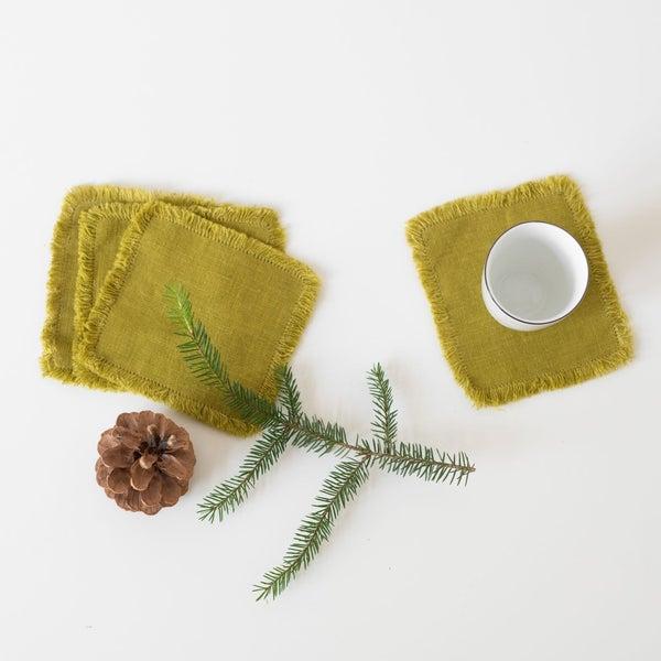 Set of 4 Moss Green Washed Linen Coasters with Fringes