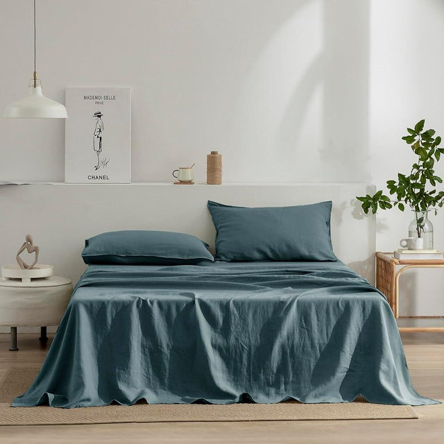 EVERLY Linen Queen Sheets Set, 100% Stonewashed French Linen Bed Sheets Deep Pocket Sheets, 4 Pieces (1 Flat Sheet, 1 Fitted Sheet, 2 Pillowcases) Natural Flax Bedding Set,（Graphite Blue）