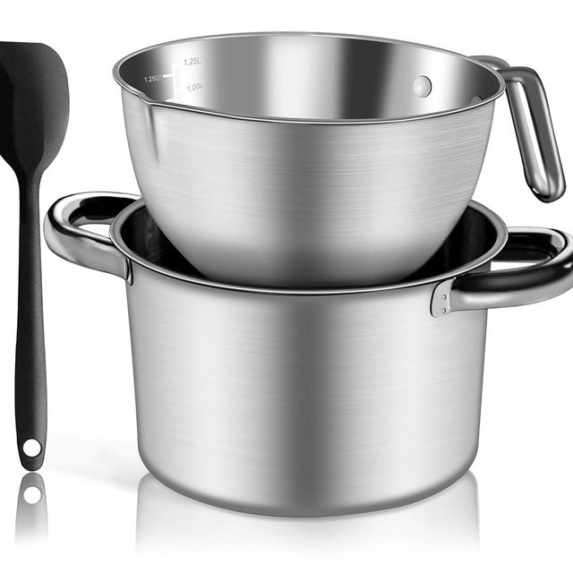 Marsheepy Double Boiler Pot Set,2000ML/1.8QT Mixing Bowl for Chocolate Melting, 2800ML/ 2.54QT 304 Stainless Steel Pot With Silicone Spatula for Melting Chocolate, Candy, Candle, Soap, Wax