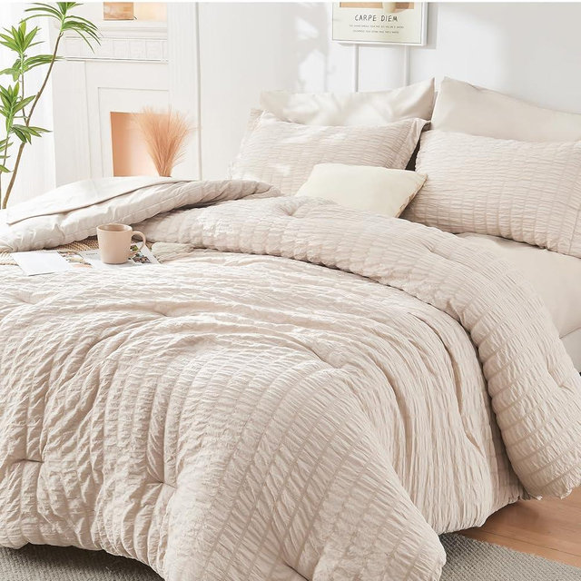 HYMOKEGE Beige Twin Comforter Set Seersucker 5 Pieces, All Season Luxury Bed in a Bag for Bedroom, Bedding Set with Comforters, Sheets, Pillowcase & Sham