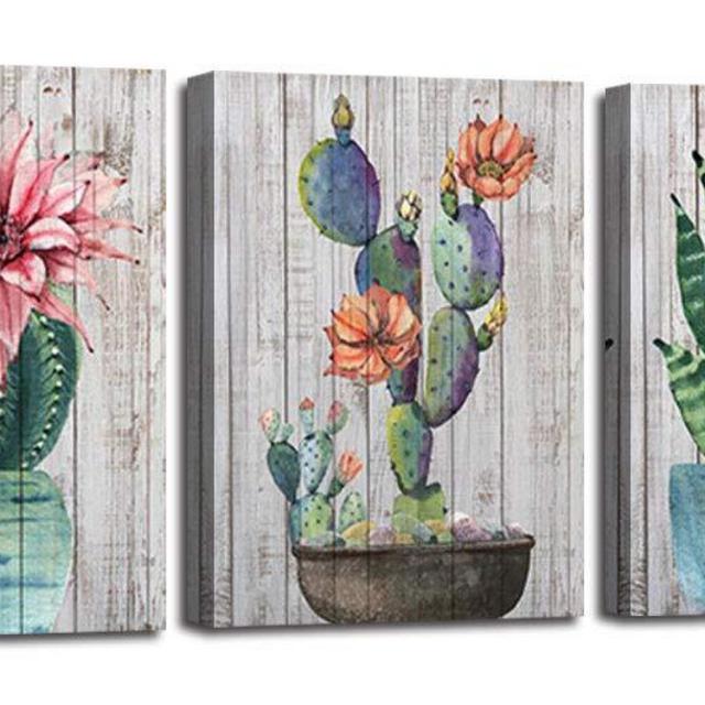 Canvas Wall Art Prints Watercolor Ball Cactus Cacti Green Plants and Flower Painting Pictures, Succulent Poster Artwork 12"x16" 3 Panels/Set for Bedroom Bathroom Spa Salon Kitchen Home Office Decor