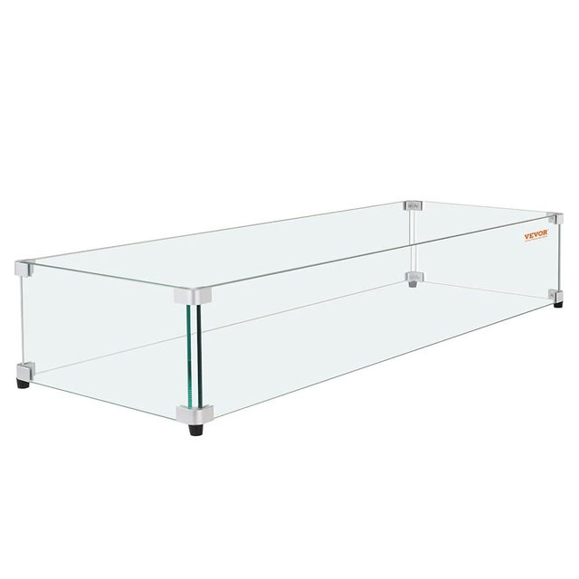 Glass Wind Guard for Rectangular Fire Pit Table 31 x 12.5 x 6.5 Inch, 0.31 inch Thick and Sturdy Tempered Glass Panel with Hard Aluminum Corner Bracket & Rubber Feet, Easy to Assemble
