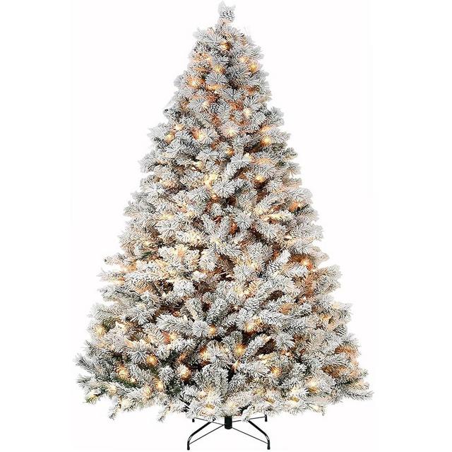 Hykolity 7.5 ft Snow Flocked Christmas Tree with Pine Cones, Artificial Christmas Tree wih 450 Warm White Lights, 1446 Tips, Metal Stand and Hinged Branches