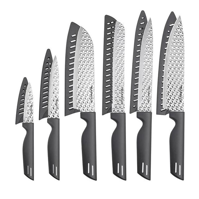 Daphyla Kitchen Knife Set, 12Pcs Stainless Steel Nonstick Sharp Chef's Knife Set for Kitchen, 6 Diamond Texture Blade & 6 Knife Sheathes, Dishwasher Safe For Cooking (Sliver)