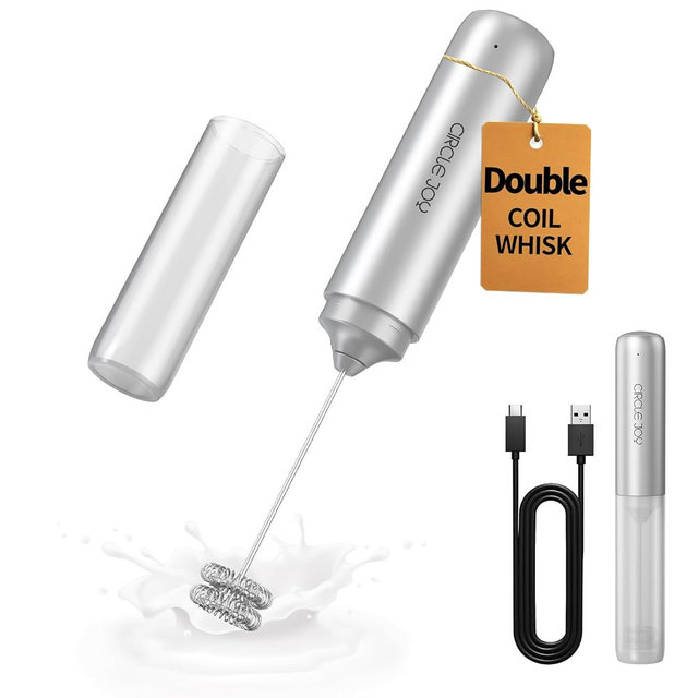 CIRCLE JOY Rechargeable Milk Frother Hanheld, Dual Coil Whisk Head Electric Coffee Frother, Portable Hand Frother Wand Drink Mixer for Matcha Lattes Cappuccino, Kitchen Gifts, Silver