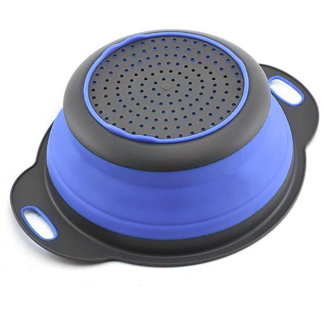 Blue Round Silicone Collapsible Colander – Silicone Round Kitchen Strainers with Plastic Handles Foldable Small Kitchen Strainer Perfect for Draining Pasta Vegetable and Fruit