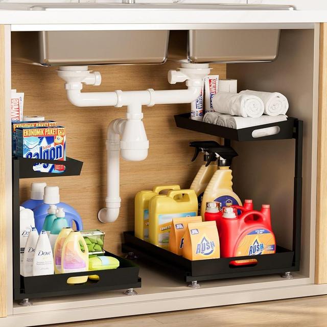 2 Pack Under Sink Organizer, Handcrafted 2 Tier Bathroom Organizers And Storage Under Sink, Adjustable Bathroom Vanity Organizer,Pull Out Kitchen Sink Organizer, Heavy Duty Cabinet Organizer Cupboard