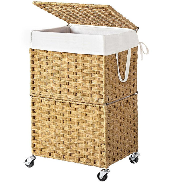 Chrislley 90L Large Laundry Hamper with Wheels,Rolling Laundry Basket with Lid and Renovable Liner Bag,Handwoven Rattan Organizer for bedroom, bathroom, laundry room (Yellow)